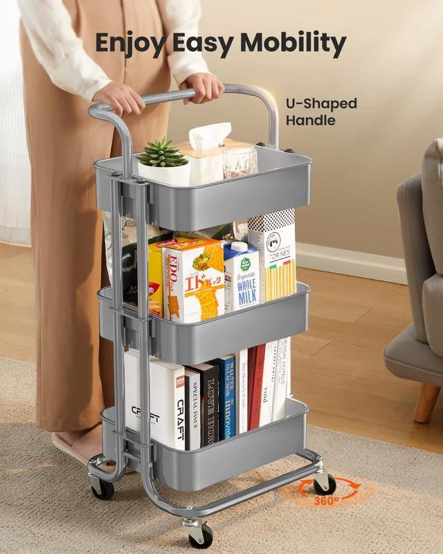 Alt view image 3 of 7 - Metal 3 Tier Rolling Cart with Handle & 2 Lockable Wheels, Gray Four Large 2" Wheels for Easy Motion, Sturdy Metal, Hold 22 lbs per Shelf, Ideal for Nursery Room, Living Room, Painting Room