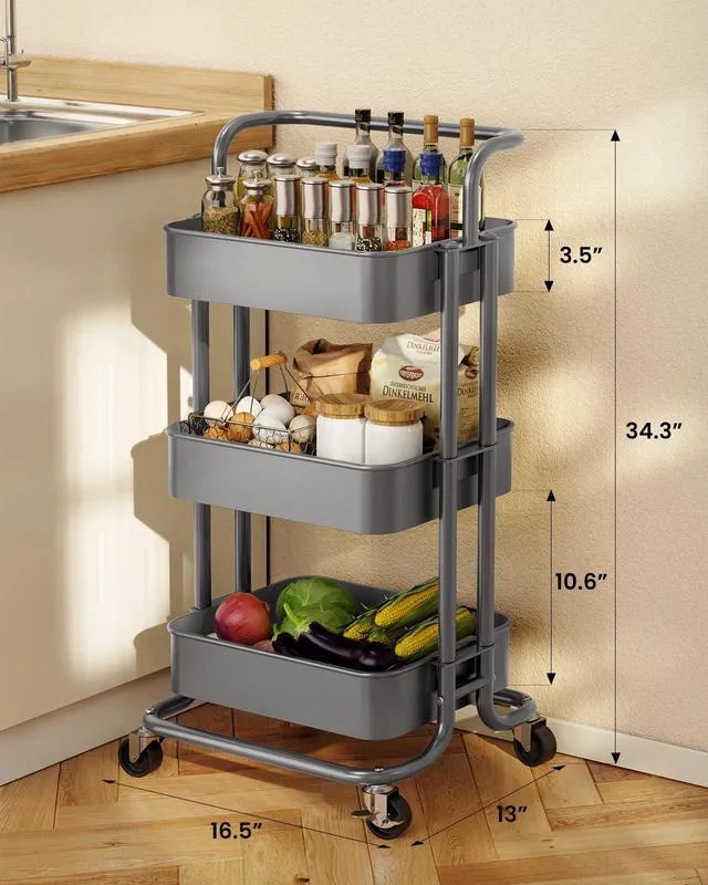 Alt view image 5 of 7 - Metal 3 Tier Rolling Cart with Handle & 2 Lockable Wheels, Gray Four Large 2" Wheels for Easy Motion, Sturdy Metal, Hold 22 lbs per Shelf, Ideal for Nursery Room, Living Room, Painting Room