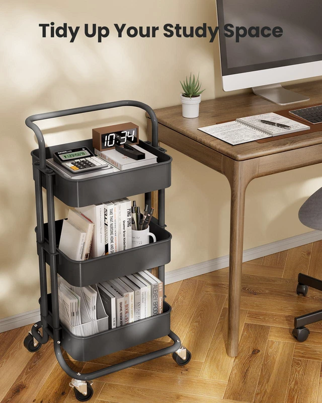 Alt view image 6 of 7 - Metal 3 Tier Rolling Cart with Handle & 2 Lockable Wheels, Gray Four Large 2" Wheels for Easy Motion, Sturdy Metal, Hold 22 lbs per Shelf, Ideal for Nursery Room, Living Room, Painting Room