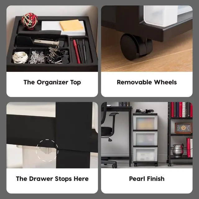 Alt view image 4 of 7 - 3-Drawer Rolling Storage Cart, Black/Pearl Keep classroom supplies, teacher essentials, craft materials, and learning tools organized with easy-access drawers