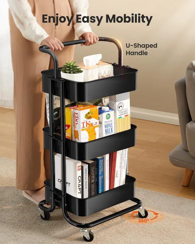 Alt view image 3 of 7 - Metal 3 Tier Rolling Cart with Handle & 2 Lockable Wheels, Black Four Large 2" Wheels for Easy Motion, Sturdy Metal, Hold 22 lbs per Shelf, Ideal for Nursery Room, Living Room, Painting Room