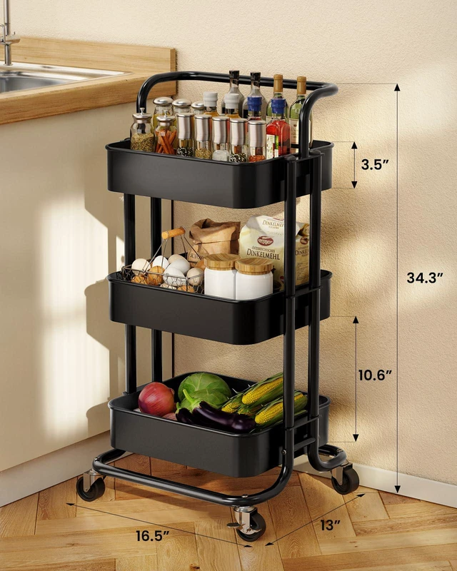 Alt view image 5 of 7 - Metal 3 Tier Rolling Cart with Handle & 2 Lockable Wheels, Black Four Large 2" Wheels for Easy Motion, Sturdy Metal, Hold 22 lbs per Shelf, Ideal for Nursery Room, Living Room, Painting Room