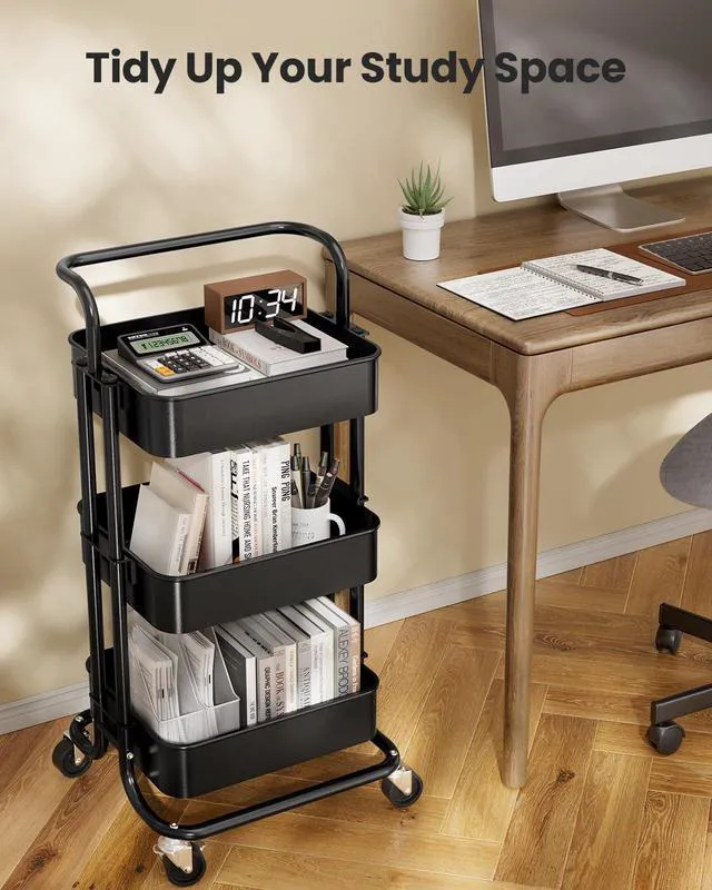 Alt view image 7 of 7 - Metal 3 Tier Rolling Cart with Handle & 2 Lockable Wheels, Black Four Large 2" Wheels for Easy Motion, Sturdy Metal, Hold 22 lbs per Shelf, Ideal for Nursery Room, Living Room, Painting Room