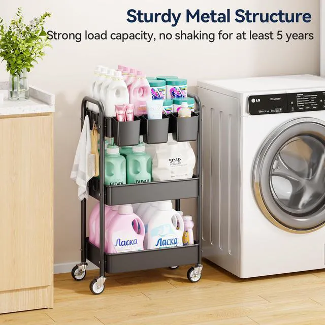 Alt view image 2 of 7 - 3 Tier Rolling Cart, Heavy Duty Metal Utility Cart with Wheel Black Sturdy Rolling Storage Cart With Hooks & Hanging Cups, Great For Craft, Art Workspace, Kitchen,Snack And Office Storage