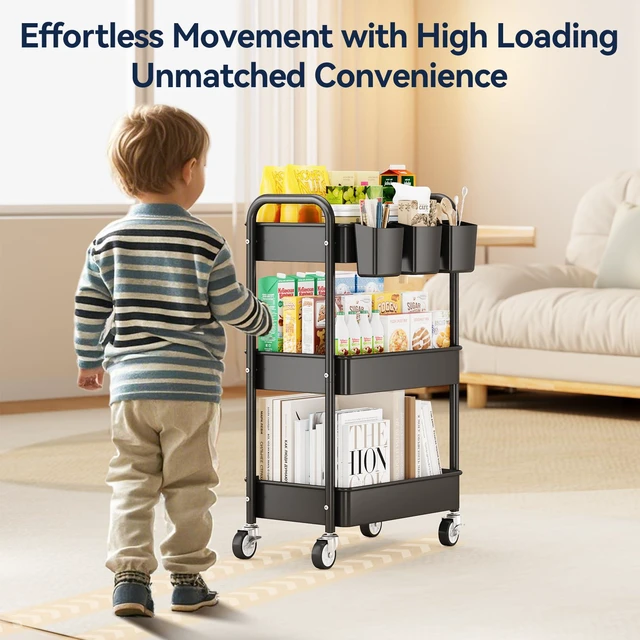 Alt view image 3 of 7 - 3 Tier Rolling Cart, Heavy Duty Metal Utility Cart with Wheel Black Sturdy Rolling Storage Cart With Hooks & Hanging Cups, Great For Craft, Art Workspace, Kitchen,Snack And Office Storage