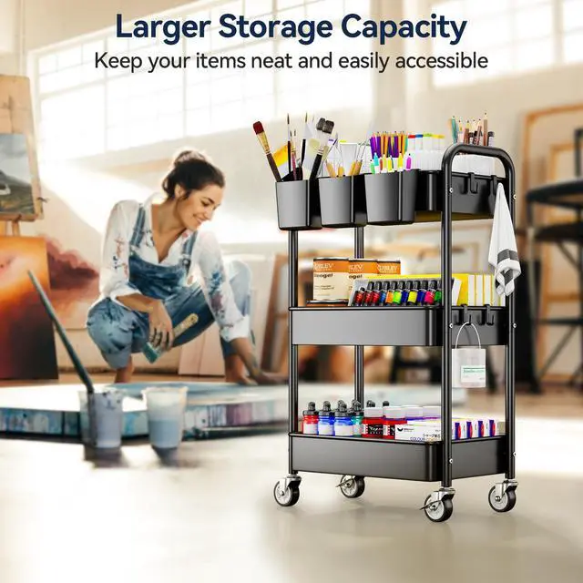 Alt view image 4 of 7 - 3 Tier Rolling Cart, Heavy Duty Metal Utility Cart with Wheel Black Sturdy Rolling Storage Cart With Hooks & Hanging Cups, Great For Craft, Art Workspace, Kitchen,Snack And Office Storage