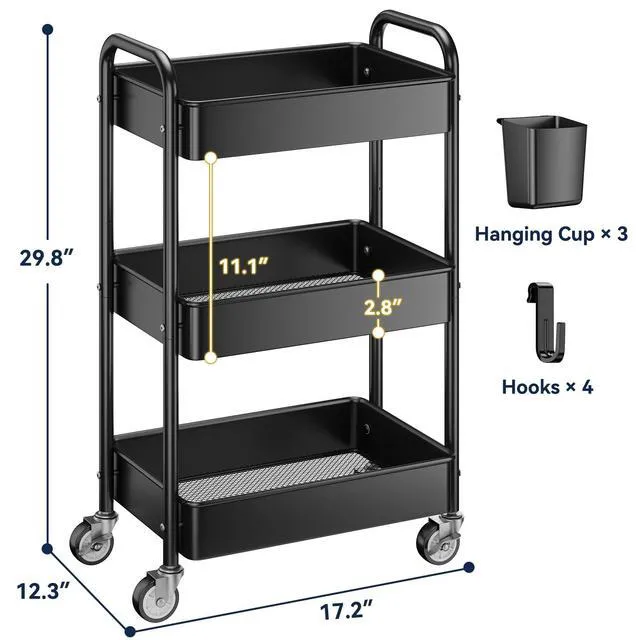 Alt view image 6 of 7 - 3 Tier Rolling Cart, Heavy Duty Metal Utility Cart with Wheel Black Sturdy Rolling Storage Cart With Hooks & Hanging Cups, Great For Craft, Art Workspace, Kitchen,Snack And Office Storage