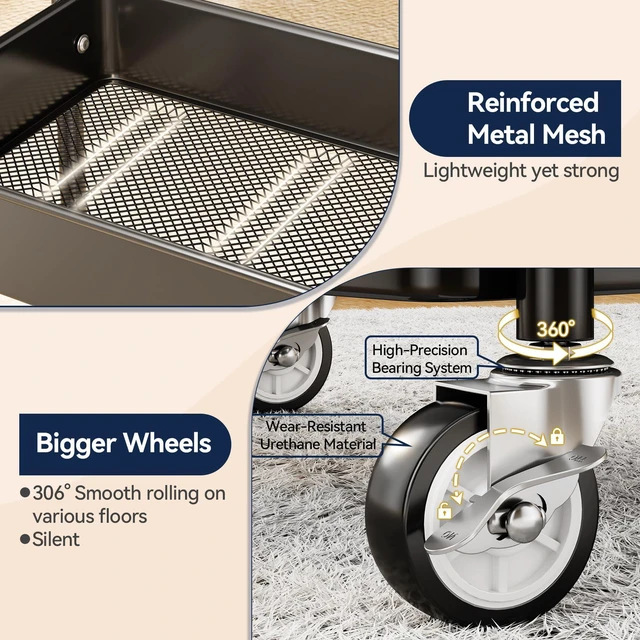 Alt view image 5 of 7 - 3 Tier Rolling Cart, Heavy Duty Metal Utility Cart with Wheel Black Sturdy Rolling Storage Cart With Hooks & Hanging Cups, Great For Craft, Art Workspace, Kitchen,Snack And Office Storage