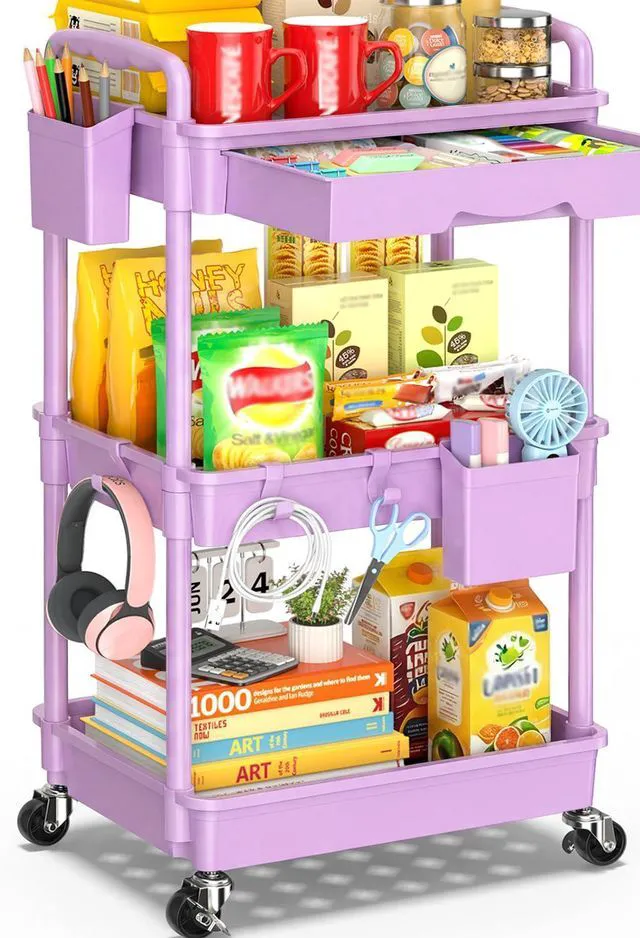 Main image of 3 Tier Rolling Cart with Drawer,Craft Storage Cart Organizer,Purple Bathroom Storage Organizer with 2 Lockable Wheels, Rolling Utility Cart for Kitchen, Office, Baby, Makeup, Nail,Snack,Laundry
