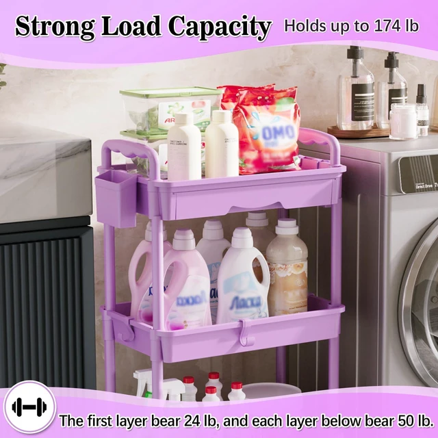 Alt view image 5 of 7 - 3 Tier Rolling Cart with Drawer,Craft Storage Cart Organizer,Purple Bathroom Storage Organizer with 2 Lockable Wheels, Rolling Utility Cart for Kitchen, Office, Baby, Makeup, Nail,Snack,Laundry