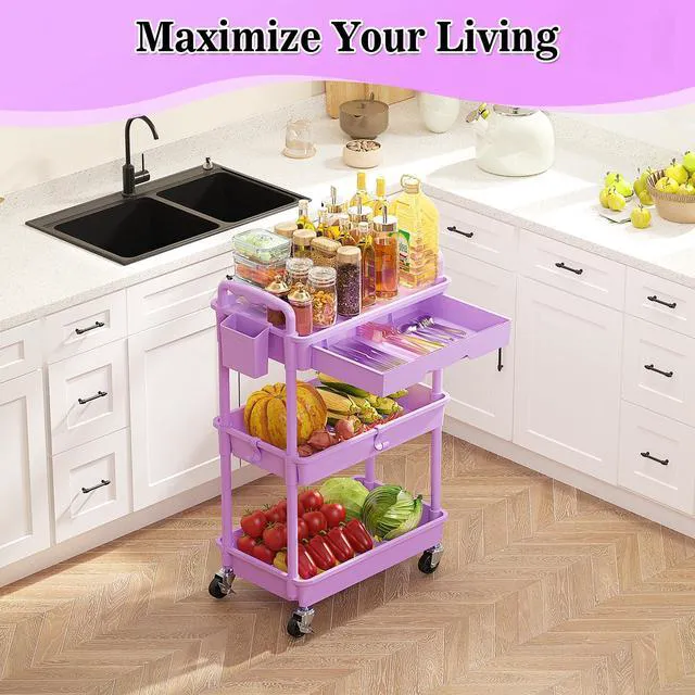 Alt view image 2 of 7 - 3 Tier Rolling Cart with Drawer,Craft Storage Cart Organizer,Purple Bathroom Storage Organizer with 2 Lockable Wheels, Rolling Utility Cart for Kitchen, Office, Baby, Makeup, Nail,Snack,Laundry