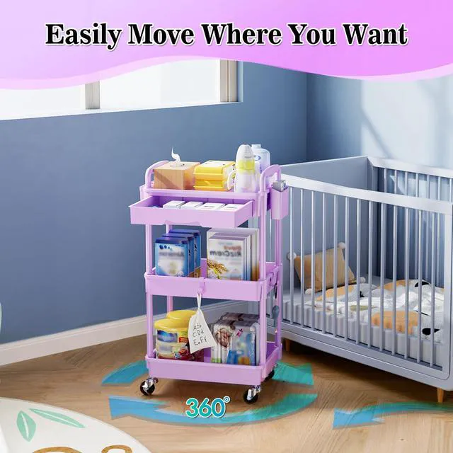 Alt view image 6 of 7 - 3 Tier Rolling Cart with Drawer,Craft Storage Cart Organizer,Purple Bathroom Storage Organizer with 2 Lockable Wheels, Rolling Utility Cart for Kitchen, Office, Baby, Makeup, Nail,Snack,Laundry