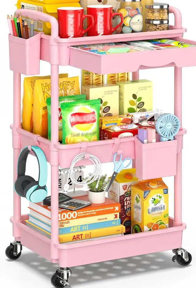Main image of 3 Tier Rolling Cart with Drawer, Craft Storage Cart Organizer, Pink Bathroom Storage Organizer with 2 Lockable Wheels, Rolling Utility Cart for Kitchen, Office, Baby, Makeup, Nail,Snack,Laundry
