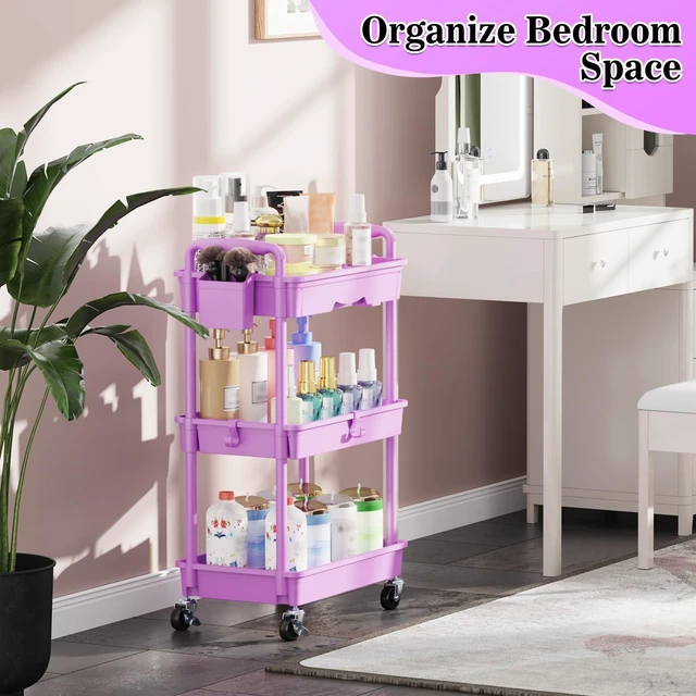 Alt view image 7 of 7 - 3 Tier Rolling Cart with Drawer,Craft Storage Cart Organizer,Purple Bathroom Storage Organizer with 2 Lockable Wheels, Rolling Utility Cart for Kitchen, Office, Baby, Makeup, Nail,Snack,Laundry