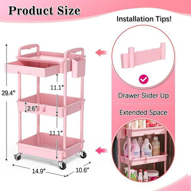 Alt view image 2 of 7 - 3 Tier Rolling Cart with Drawer, Craft Storage Cart Organizer, Pink Bathroom Storage Organizer with 2 Lockable Wheels, Rolling Utility Cart for Kitchen, Office, Baby, Makeup, Nail,Snack,Laundry