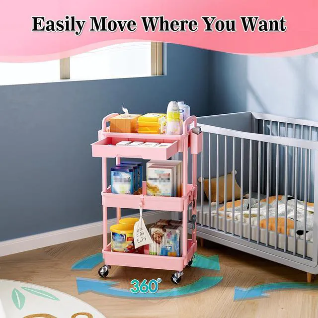 Alt view image 4 of 7 - 3 Tier Rolling Cart with Drawer, Craft Storage Cart Organizer, Pink Bathroom Storage Organizer with 2 Lockable Wheels, Rolling Utility Cart for Kitchen, Office, Baby, Makeup, Nail,Snack,Laundry