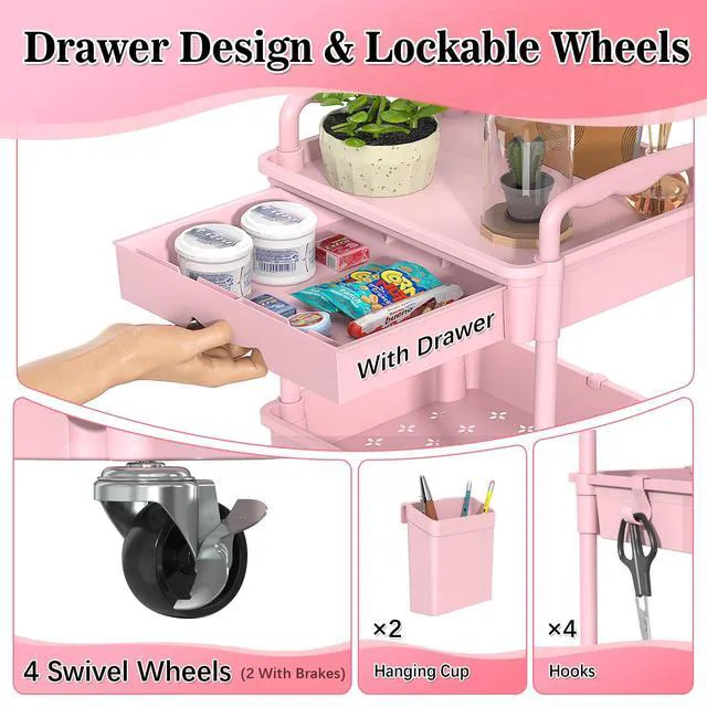 Alt view image 3 of 7 - 3 Tier Rolling Cart with Drawer, Craft Storage Cart Organizer, Pink Bathroom Storage Organizer with 2 Lockable Wheels, Rolling Utility Cart for Kitchen, Office, Baby, Makeup, Nail,Snack,Laundry