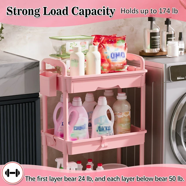 Alt view image 5 of 7 - 3 Tier Rolling Cart with Drawer, Craft Storage Cart Organizer, Pink Bathroom Storage Organizer with 2 Lockable Wheels, Rolling Utility Cart for Kitchen, Office, Baby, Makeup, Nail,Snack,Laundry