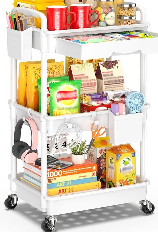 Main image of 3 Tier Rolling Cart with Drawer, Craft Storage Cart Organizer,White Bathroom Storage Organizer with 2 Lockable Wheels, Rolling Utility Cart for Kitchen, Office, Baby, Makeup, Nail,Snack,Laundry