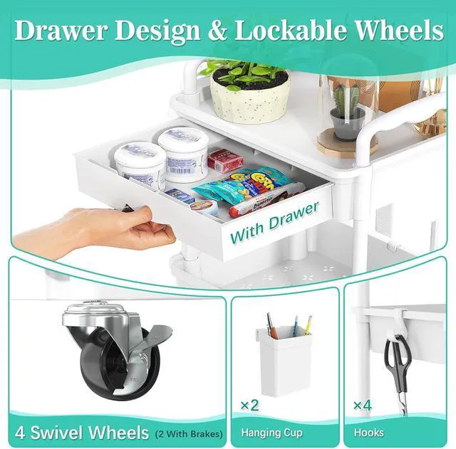 Alt view image 3 of 6 - 3 Tier Rolling Cart with Drawer, Craft Storage Cart Organizer,White Bathroom Storage Organizer with 2 Lockable Wheels, Rolling Utility Cart for Kitchen, Office, Baby, Makeup, Nail,Snack,Laundry