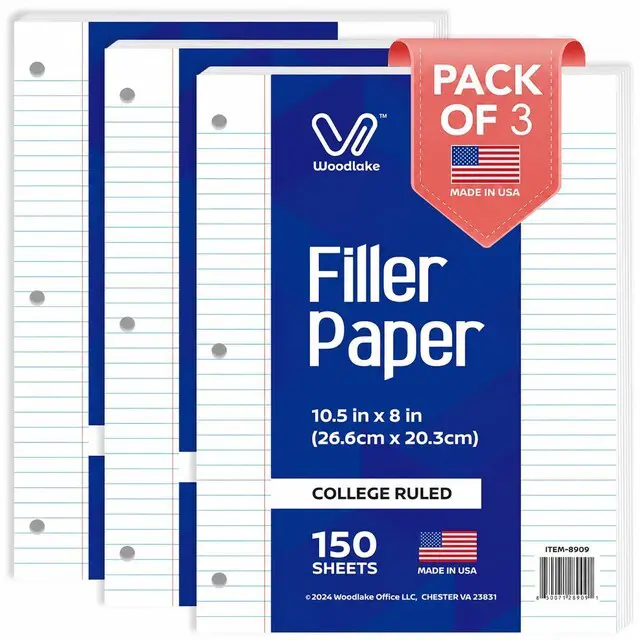 Main image of Loose Leaf Paper, College Ruled Notebook Paper, 8 x 10.5, 150 Sheets per Pack, 3 Pack, Lined Filler Paper, 3 Hole Punched, 65gsm, Made in USA