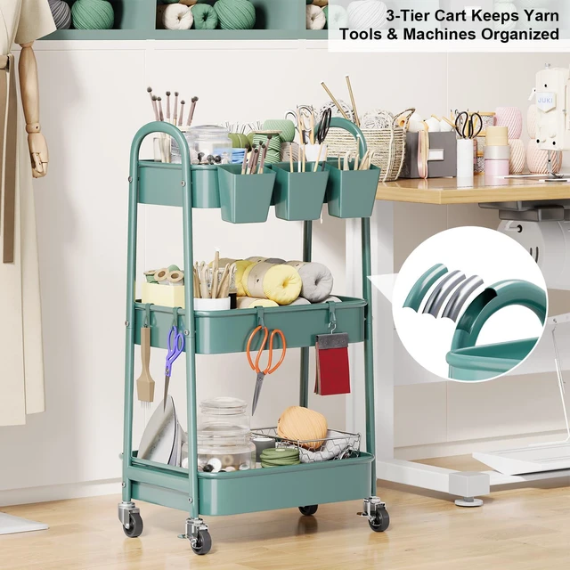 Alt view image 2 of 7 - 3 Tier Green Metal Rolling Cart with Lockable Wheels and Handle, 3 Tiered Utility Storage Organizer Carts for Teacher, Arts, Craft, Snack, Book, Bedside, Nursery, Cleaning Supplies,Dorm,Easy Assembly