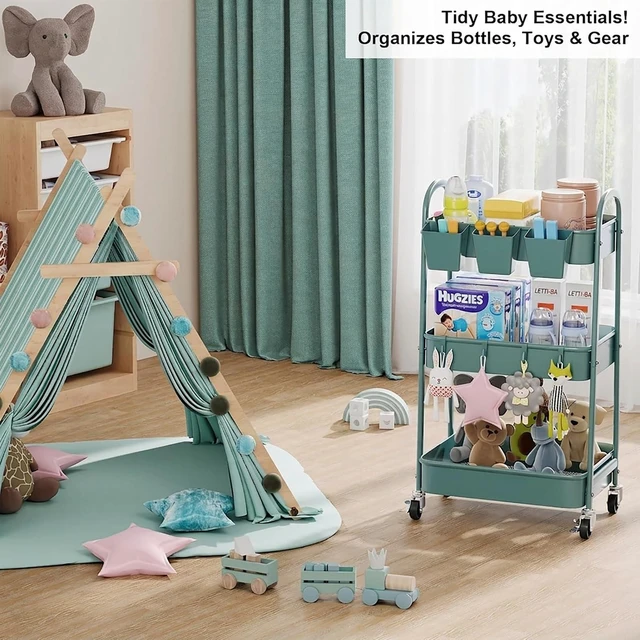Alt view image 3 of 7 - 3 Tier Green Metal Rolling Cart with Lockable Wheels and Handle, 3 Tiered Utility Storage Organizer Carts for Teacher, Arts, Craft, Snack, Book, Bedside, Nursery, Cleaning Supplies,Dorm,Easy Assembly