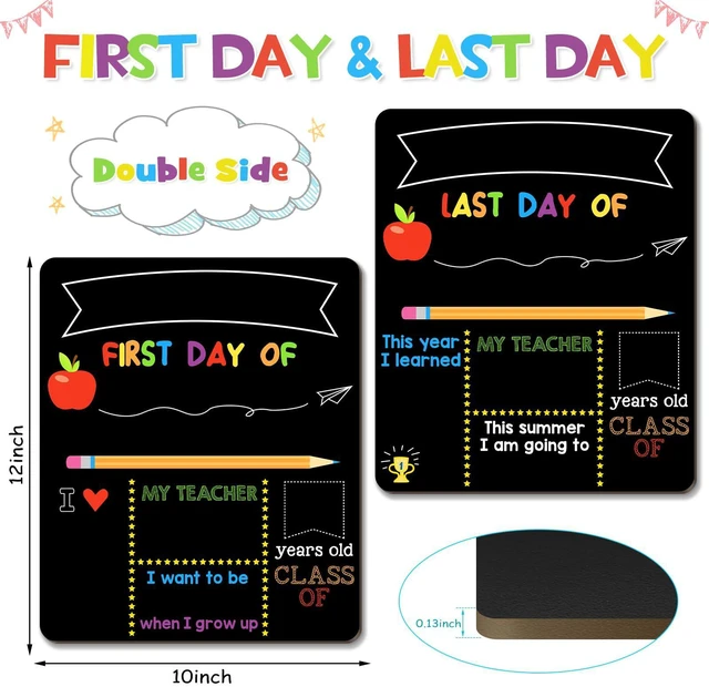 Alt view image 2 of 7 - First & Last Day of School Signs with 6 Writing Pens, 10 x 12 Inch Double Sided Back to School Board, Reusable Wooden 1st Day of Preschool/Kindergarten Photo Props