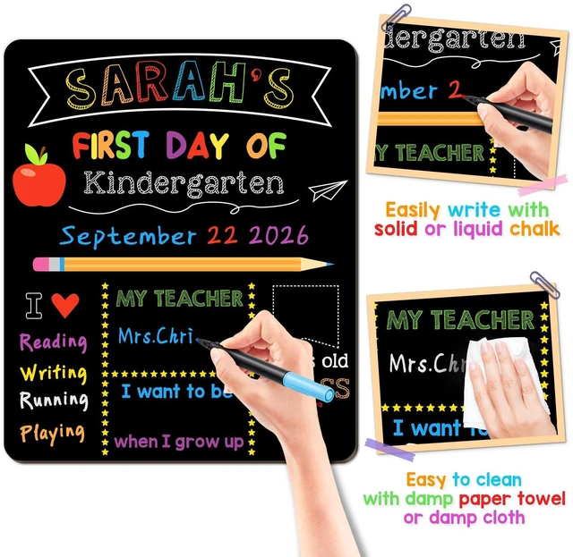 Alt view image 3 of 7 - First & Last Day of School Signs with 6 Writing Pens, 10 x 12 Inch Double Sided Back to School Board, Reusable Wooden 1st Day of Preschool/Kindergarten Photo Props