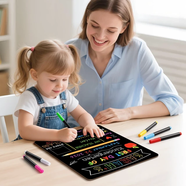 Alt view image 5 of 7 - First & Last Day of School Signs with 6 Writing Pens, 10 x 12 Inch Double Sided Back to School Board, Reusable Wooden 1st Day of Preschool/Kindergarten Photo Props