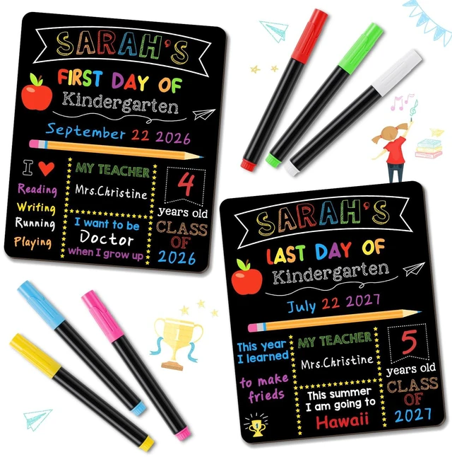 Alt view image 4 of 7 - First & Last Day of School Signs with 6 Writing Pens, 10 x 12 Inch Double Sided Back to School Board, Reusable Wooden 1st Day of Preschool/Kindergarten Photo Props