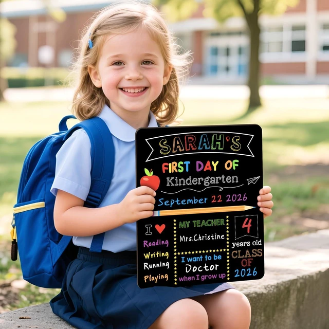 Alt view image 6 of 7 - First & Last Day of School Signs with 6 Writing Pens, 10 x 12 Inch Double Sided Back to School Board, Reusable Wooden 1st Day of Preschool/Kindergarten Photo Props
