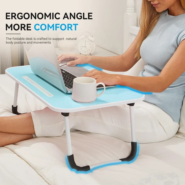 Alt view image 2 of 7 - 23" Foldable Lap Desk for Laptop Writing w/Cup Holder Blue Sturdy and Durable, Laptop Bed Desk with Tablet Slot, No Assembly, Space Saving for Bed Couch Dorm WFH Students