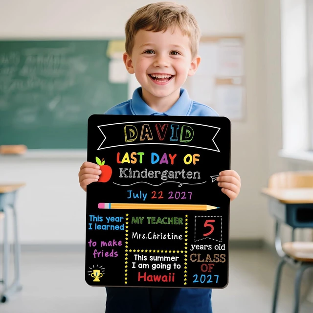 Alt view image 7 of 7 - First & Last Day of School Signs with 6 Writing Pens, 10 x 12 Inch Double Sided Back to School Board, Reusable Wooden 1st Day of Preschool/Kindergarten Photo Props