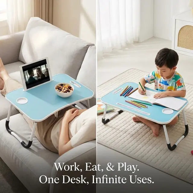 Alt view image 6 of 7 - 23" Foldable Lap Desk for Laptop Writing w/Cup Holder Blue Sturdy and Durable, Laptop Bed Desk with Tablet Slot, No Assembly, Space Saving for Bed Couch Dorm WFH Students