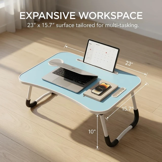 Alt view image 4 of 7 - 23" Foldable Lap Desk for Laptop Writing w/Cup Holder Blue Sturdy and Durable, Laptop Bed Desk with Tablet Slot, No Assembly, Space Saving for Bed Couch Dorm WFH Students
