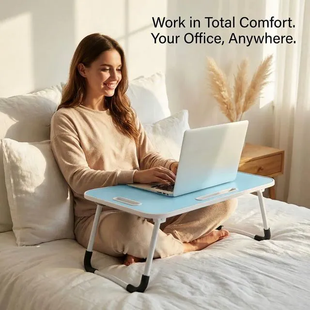 Alt view image 5 of 7 - 23" Foldable Lap Desk for Laptop Writing w/Cup Holder Blue Sturdy and Durable, Laptop Bed Desk with Tablet Slot, No Assembly, Space Saving for Bed Couch Dorm WFH Students