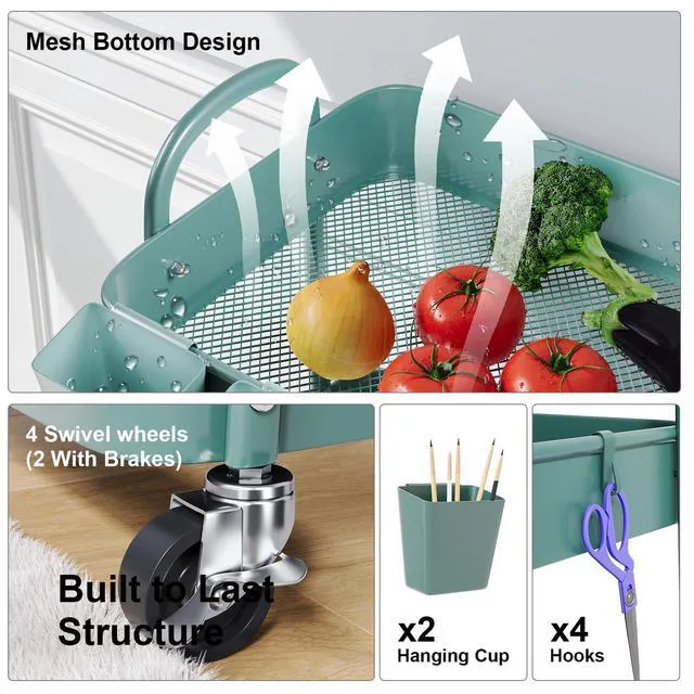 Alt view image 5 of 7 - 3 Tier Green Metal Rolling Cart with Lockable Wheels and Handle, 3 Tiered Utility Storage Organizer Carts for Teacher, Arts, Craft, Snack, Book, Bedside, Nursery, Cleaning Supplies,Dorm,Easy Assembly