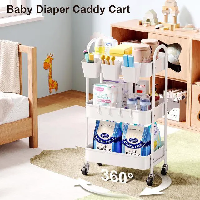 Alt view image 4 of 7 - 3 Tier Heavy Duty White Metal Rolling Cart with Lockable Wheels,Roller Cart Three Tier Book Snack Cart, Utility Storage Organizer Carts for Kitchen, Bathroom, Garage, Baby Diaper, Craft, Art, Teacher