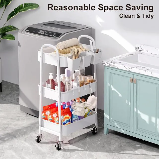 Alt view image 5 of 7 - 3 Tier Heavy Duty White Metal Rolling Cart with Lockable Wheels,Roller Cart Three Tier Book Snack Cart, Utility Storage Organizer Carts for Kitchen, Bathroom, Garage, Baby Diaper, Craft, Art, Teacher