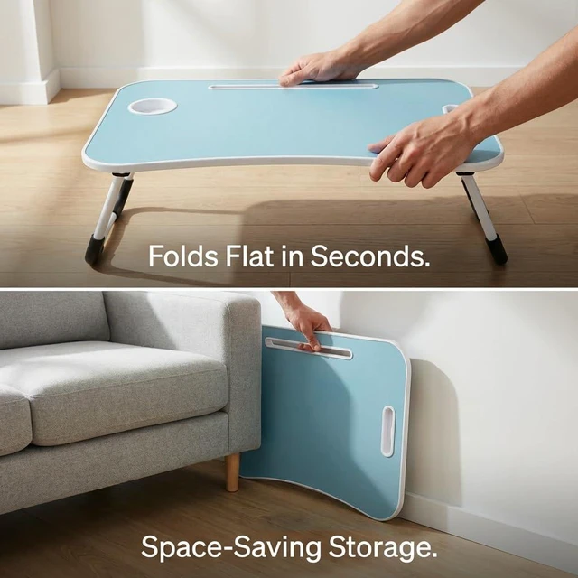 Alt view image 7 of 7 - 23" Foldable Lap Desk for Laptop Writing w/Cup Holder Blue Sturdy and Durable, Laptop Bed Desk with Tablet Slot, No Assembly, Space Saving for Bed Couch Dorm WFH Students