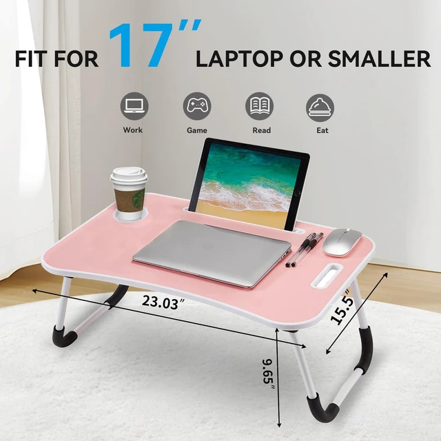 Alt view image 2 of 6 - Folding Lap Desk, 23 Inch Portable Wood Blue Laptop Bed Desk Lap Desk with Cup Holder, for Working Reading Writing, Eating, Watching Movies for Bed Sofa Couch Floor-Pink 02