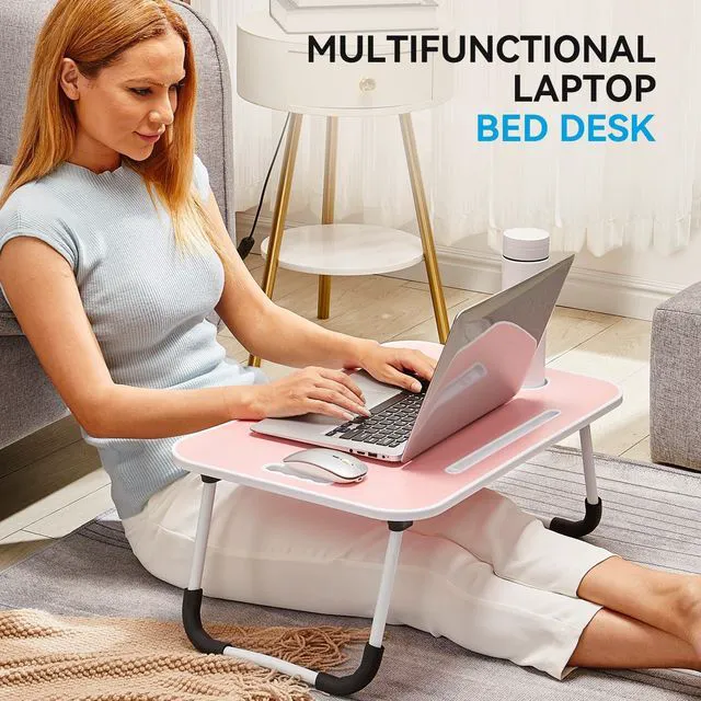 Alt view image 3 of 6 - Folding Lap Desk, 23 Inch Portable Wood Blue Laptop Bed Desk Lap Desk with Cup Holder, for Working Reading Writing, Eating, Watching Movies for Bed Sofa Couch Floor-Pink 02