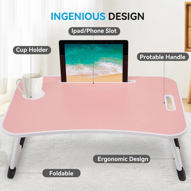 Alt view image 4 of 6 - Folding Lap Desk, 23 Inch Portable Wood Blue Laptop Bed Desk Lap Desk with Cup Holder, for Working Reading Writing, Eating, Watching Movies for Bed Sofa Couch Floor-Pink 02