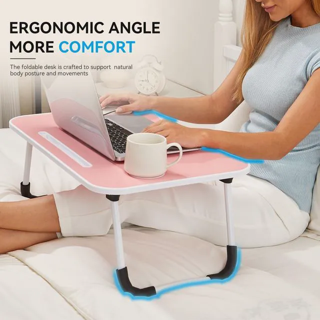 Alt view image 5 of 6 - Folding Lap Desk, 23 Inch Portable Wood Blue Laptop Bed Desk Lap Desk with Cup Holder, for Working Reading Writing, Eating, Watching Movies for Bed Sofa Couch Floor-Pink 02
