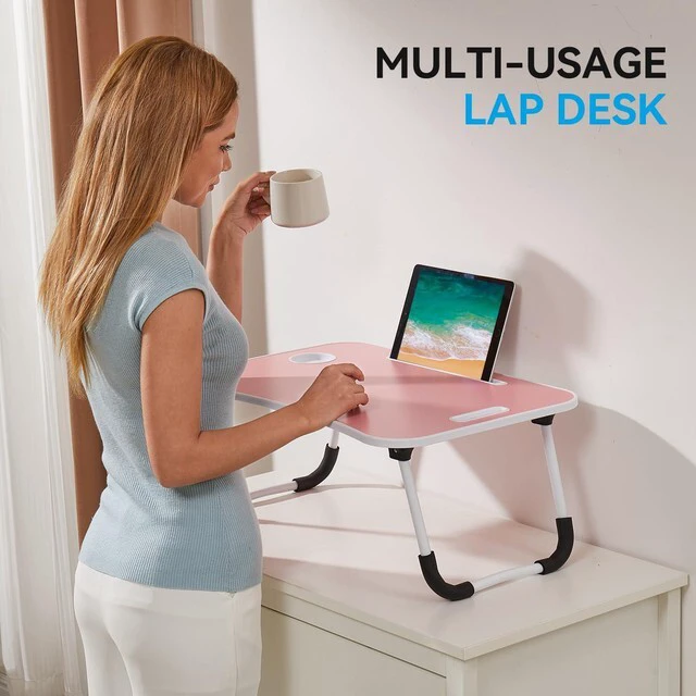 Alt view image 6 of 6 - Folding Lap Desk, 23 Inch Portable Wood Blue Laptop Bed Desk Lap Desk with Cup Holder, for Working Reading Writing, Eating, Watching Movies for Bed Sofa Couch Floor-Pink 02