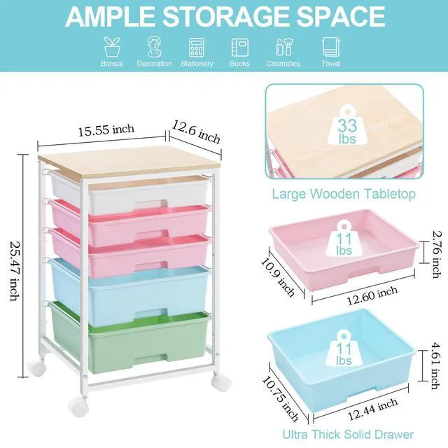 Alt view image 3 of 7 - Utility Cart with 5 Drawers with Wooden Top, Rainbow 5-Tiers Storage Cart with Drawers with Lockable Wheels for Craft Organizers and Storage,Home Office,Classroom,Dorm,Playroom
