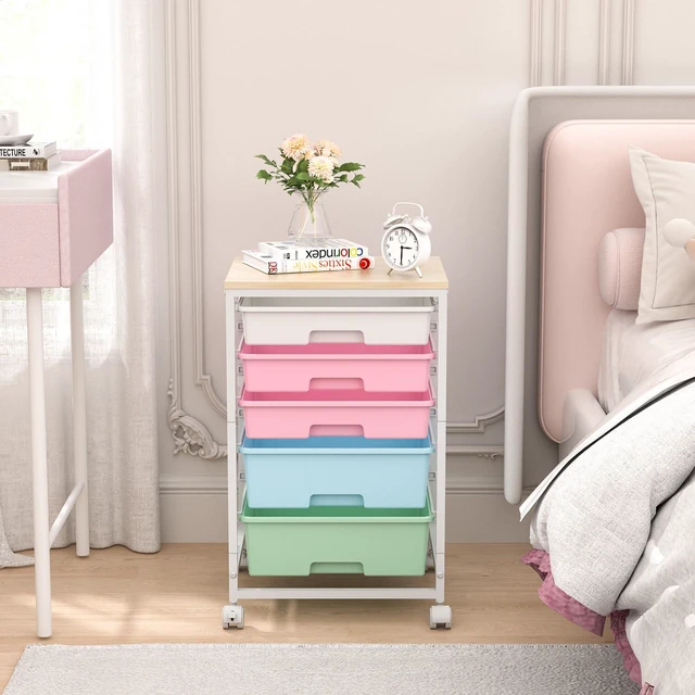 Alt view image 2 of 7 - Utility Cart with 5 Drawers with Wooden Top, Rainbow 5-Tiers Storage Cart with Drawers with Lockable Wheels for Craft Organizers and Storage,Home Office,Classroom,Dorm,Playroom