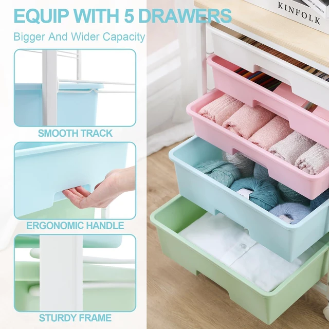 Alt view image 5 of 7 - Utility Cart with 5 Drawers with Wooden Top, Rainbow 5-Tiers Storage Cart with Drawers with Lockable Wheels for Craft Organizers and Storage,Home Office,Classroom,Dorm,Playroom