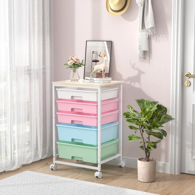 Alt view image 7 of 7 - Utility Cart with 5 Drawers with Wooden Top, Rainbow 5-Tiers Storage Cart with Drawers with Lockable Wheels for Craft Organizers and Storage,Home Office,Classroom,Dorm,Playroom